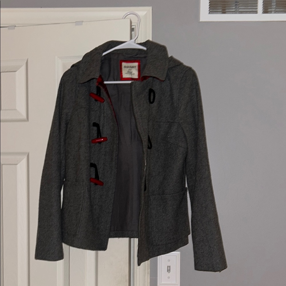 Old Navy Gray and Red Pea Coat with Classic Design